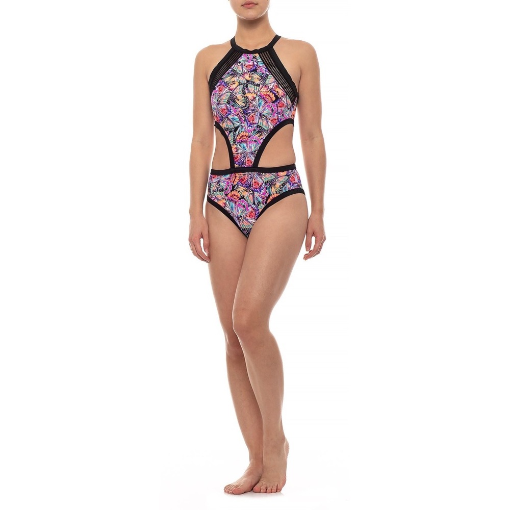 Cute cut out high neck one piece swimsuit pink blk